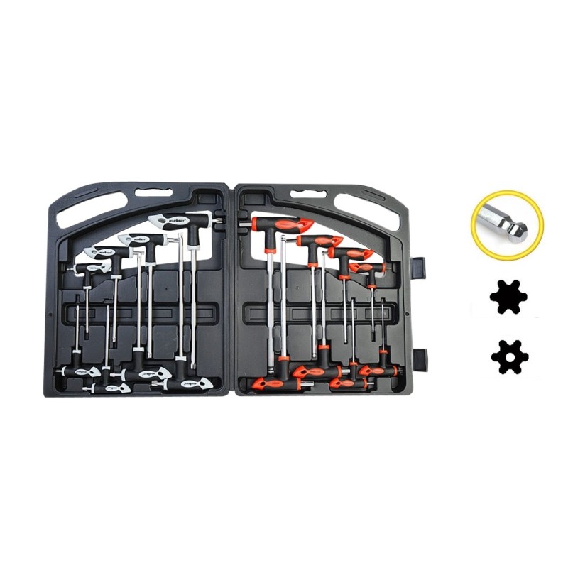 Set cacciaviti/giraviti 16 pezzi impronta doppia torx/torx forati + sferici/Ball point/esagonali impugnatura a T