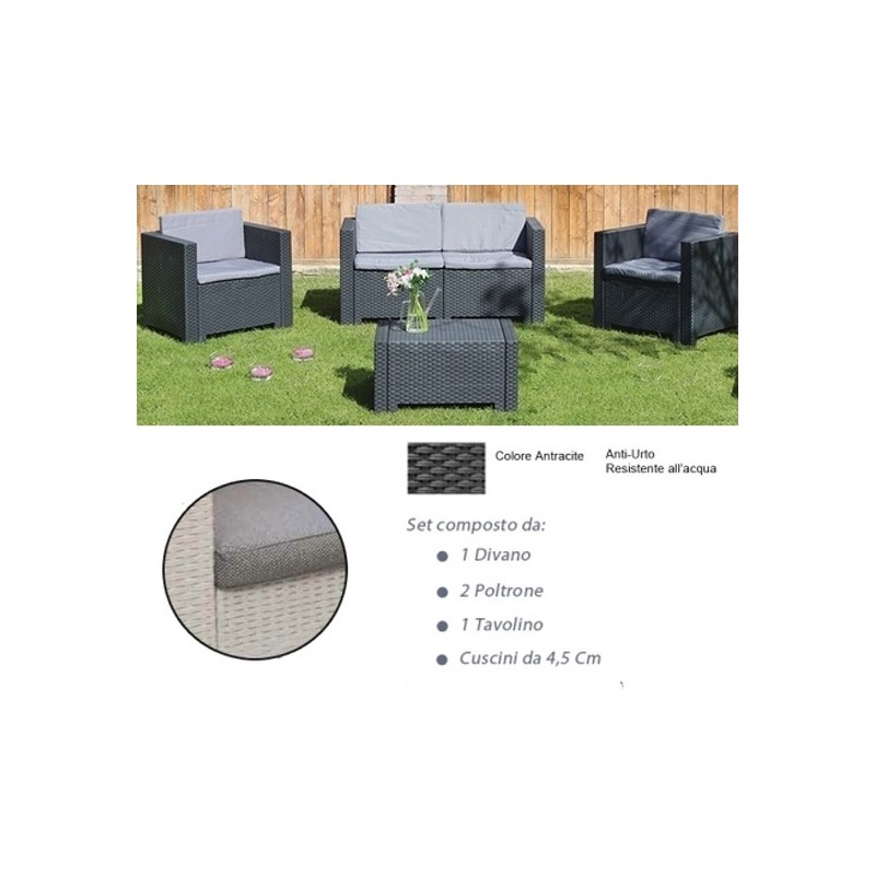 Divano con Poltrone e Tavolino/Salotto/Salottino in Polyrattan per Esterno/Arredo Giardino - Mod. Dubai Antracite