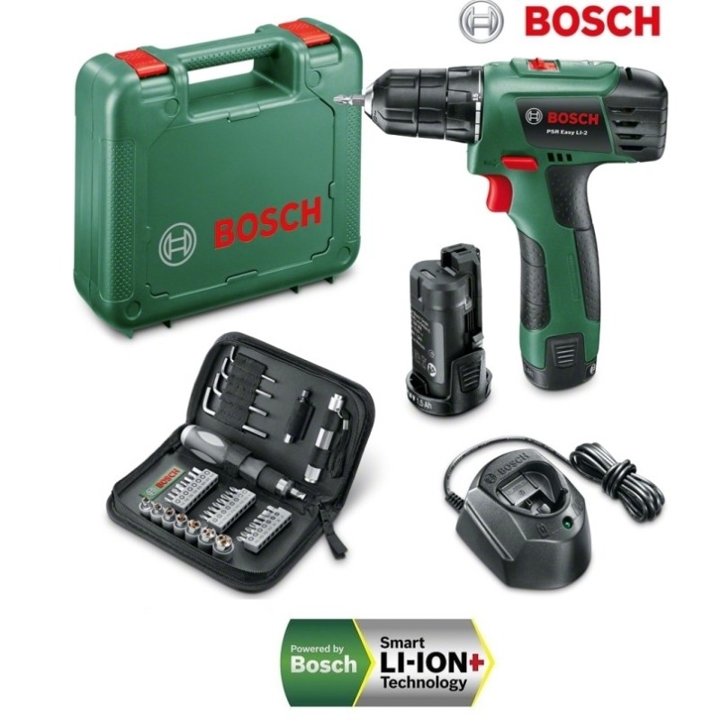 Trapano avvitatore a batteria 10,8V Litio c/batteria di riserva + 38 accessori Bosch - PSR 10,8 Li