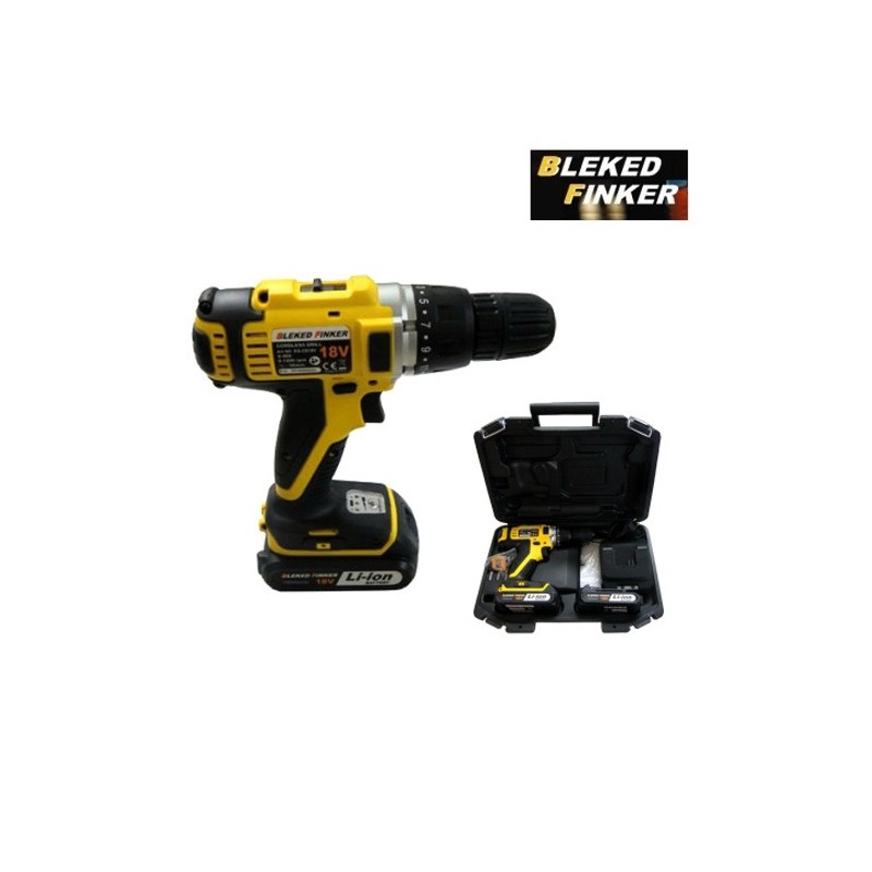 Trapano avvitatore a batteria 18V Litio c/batteria di riserva in valigetta c/accessori Bleked Finker - EG-CD18V