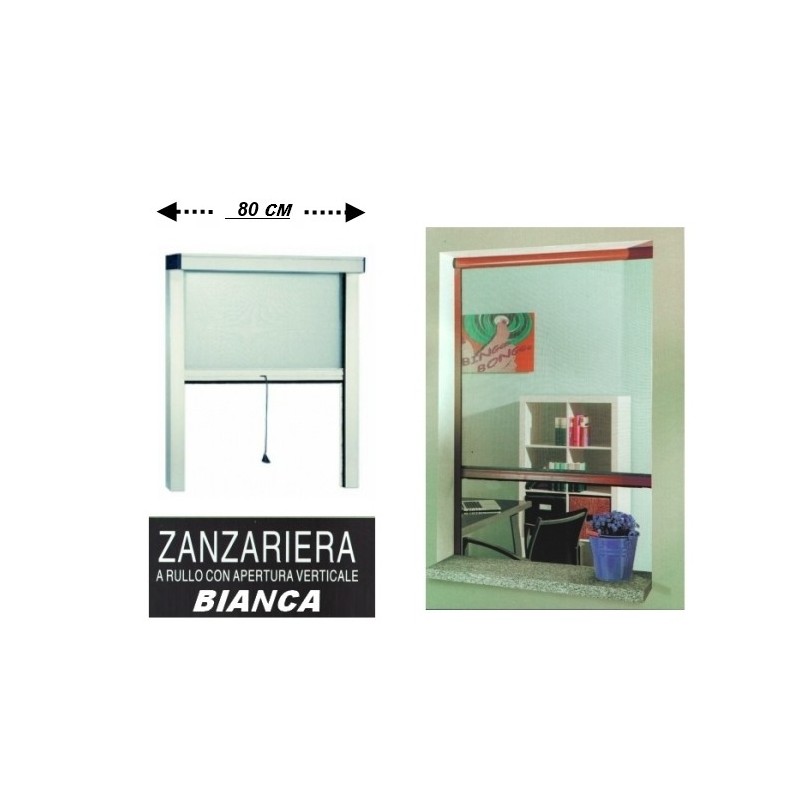 Zanzariera a rullo in alluminio per finestre con profilo riducibile/regolabile avvolgimento verticale con frizione 80x170cm Bianca