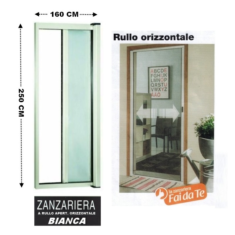 Zanzariera a rullo in alluminio per porte/balconi con profilo riducibile/regolabile avvolgimento orizzontale 160x250cm Bianca
