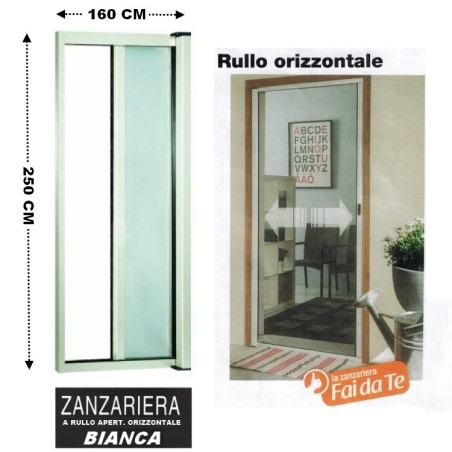 Zanzariera a rullo in alluminio per porte/balconi con profilo riducibile/regolabile avvolgimento orizzontale 160x250cm Bianca
