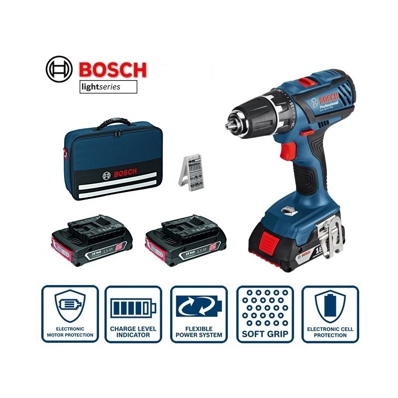 Trapano avvitatore a batteria c/percussione 18V Litio c/3 batterie LI-ION 1.5Ah + set porta-inserti Bosch Professional- GSB 18-2-Li Plus