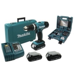 Trapano avvitatore a batteria c/percussione 18V Litio c/2 batterie di riserva in valigetta c/accessori Makita - BHP453RHE + D-33691