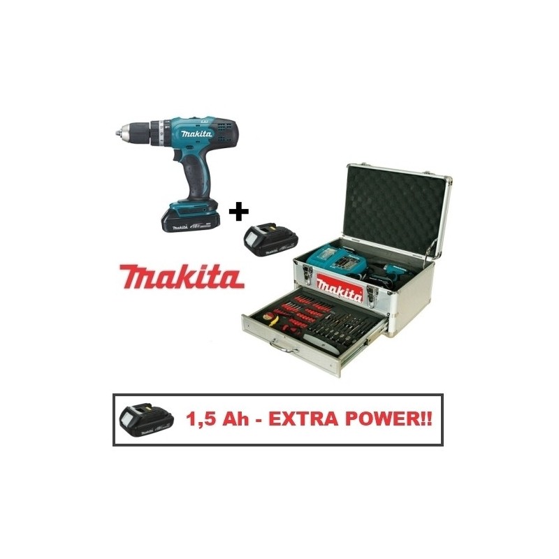 Trapano avvitatore a batteria c/percussione 18V Litio c/batteria di riserva LI-ION 1.5Ah in valigetta c/accessori Makita - DHP453RYEX