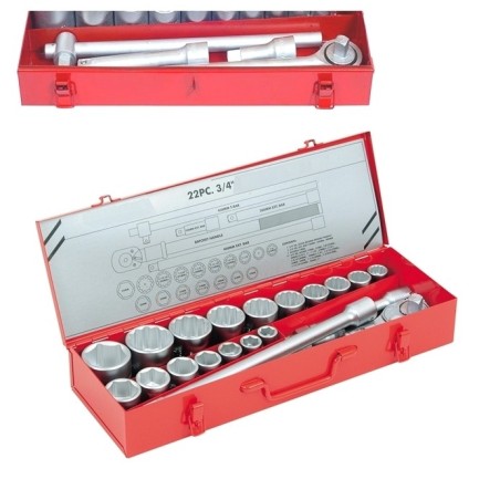 Kit Bussole/Boccole poligonali 22 pezzi 3/4" cromo vanadio con chiave a cricchetto e barra a T portabussole  Mod. A