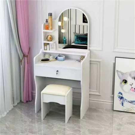 Scrivania Toeletta Vanity Table Tavolo Trucco con Specchio  e Sgabello, Mobile Make‑Up con Cassetto e Ripiani, Postazione Trucco per Ragazze e Bambine, Arredo Bianco per Camera da Letto